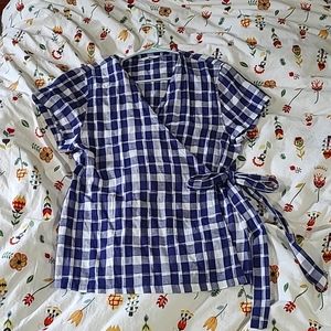 Bridge and Burn wrap blouse sz L blue plaid